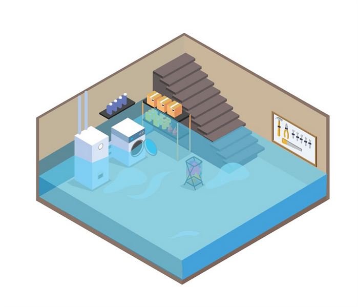 a flooded basement with water covering the floors