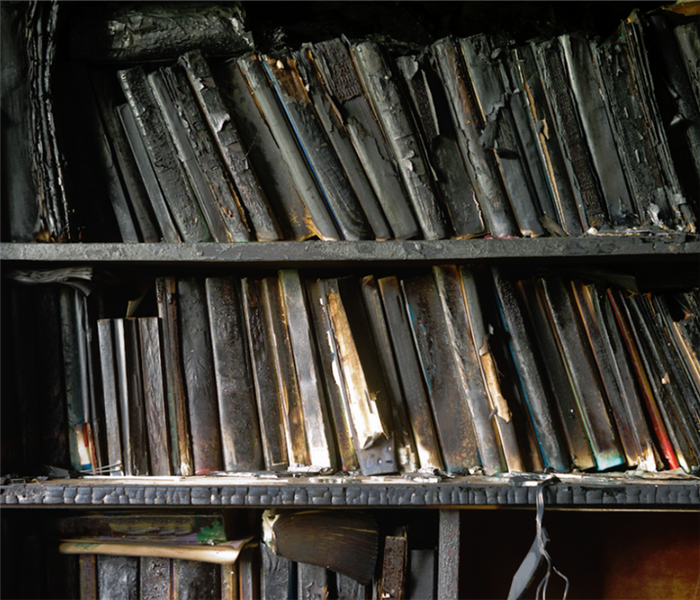 a fire damaged bookshelf with soot covering the books